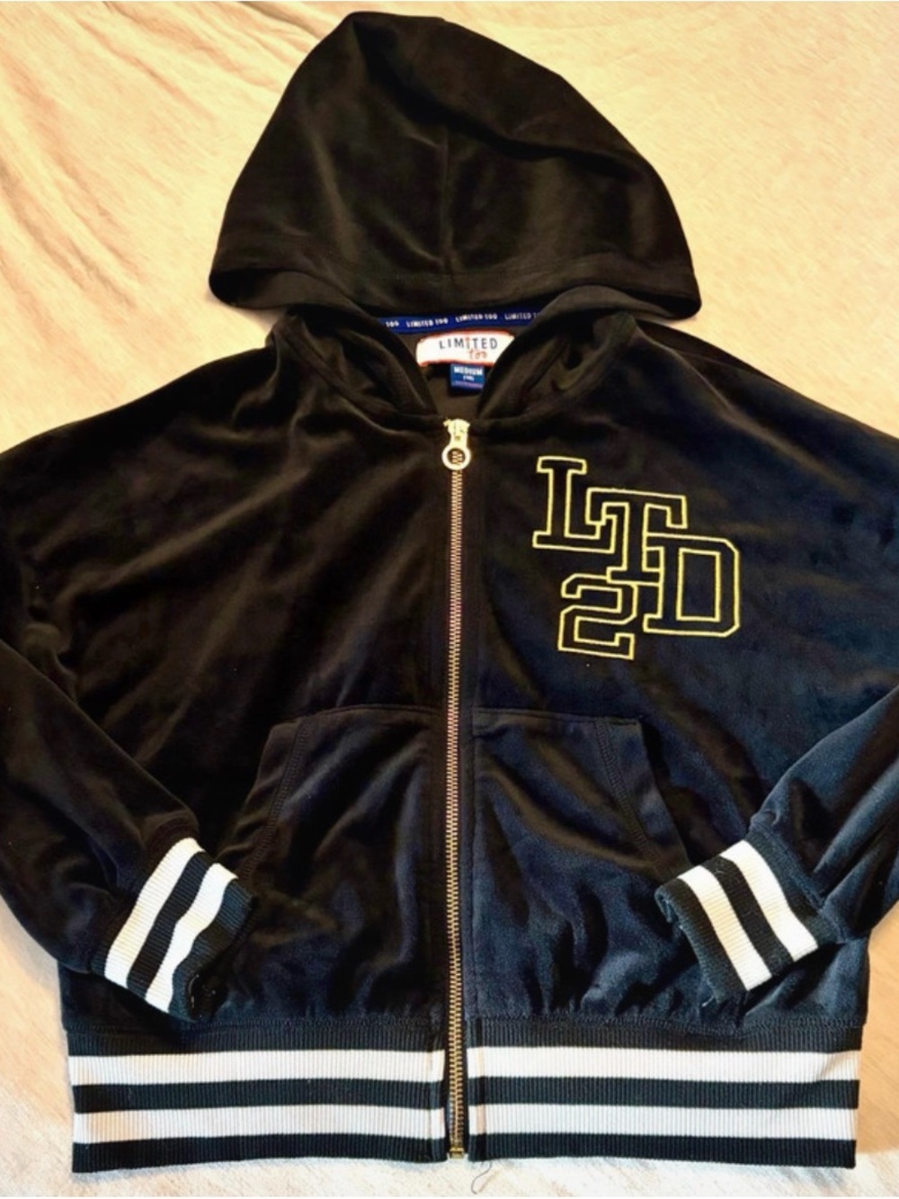 Limited Too Black Hooded Zip Jacket with Yellow Logo & Striped Trim